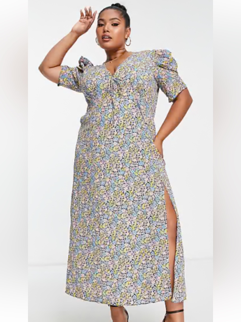 ASOS Design Floral V-Neck Midi Tea Dress in Multicolor with Puff Sleeves